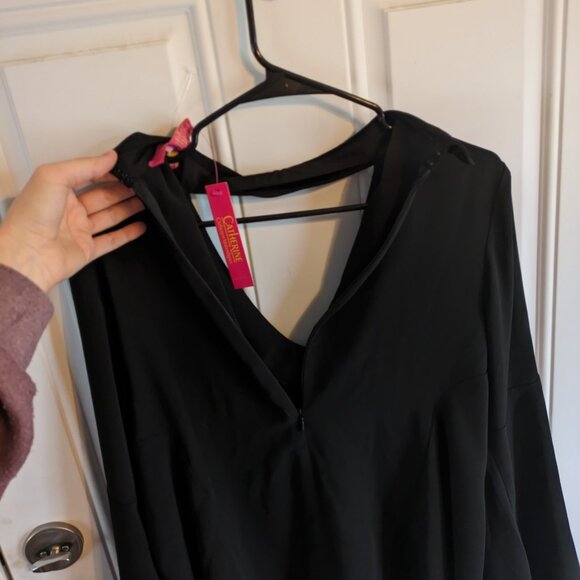 Catherine Malandrino Flowy Black High Neck V-Neck Blouse Bell Sleeves Peplum Sm - Picture 9 of 9